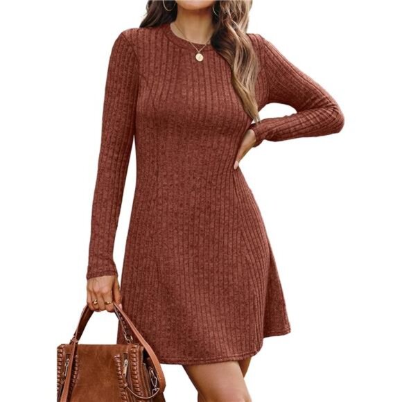 Women Long Sleeve Crew Neck Sweater Dress Burnt - Picture 1 of 5